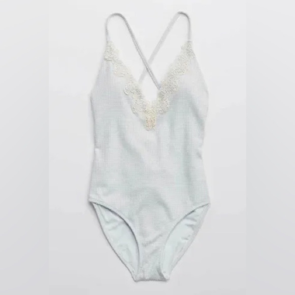 Light blue Aerie waffle one piece swimsuit